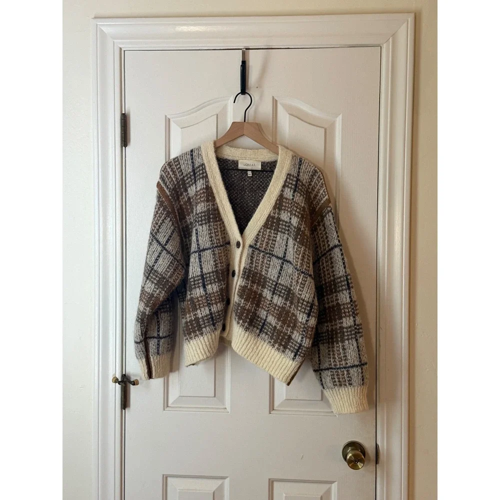 THE GREAT. | Estate Reversible Cardigan 3/Large Toasted Plaid Alpaca Wool Blend - Picture 8 of 15